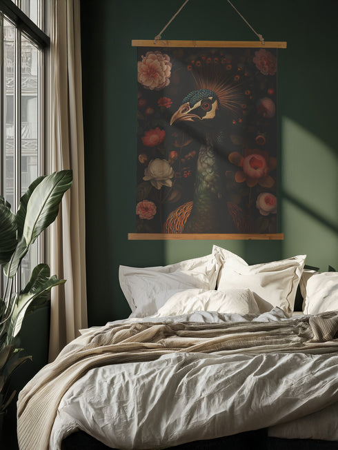 A wall tapestry featuring a detailed Victorian-style illustration of a peacock head with ornate feathers, surrounded by coral and white roses against a dark background, mounted on wooden dowels.